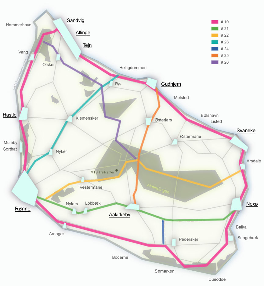 Kort over cykelruter på Bornholm