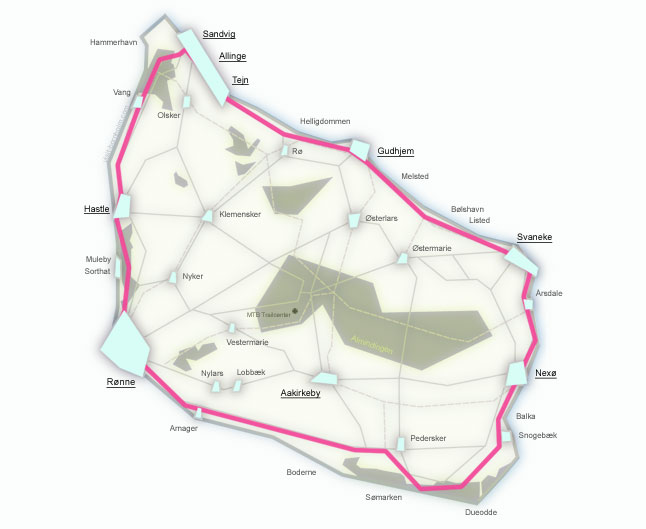 Kort over Nationalrute 10 – cykelrute rundt om Bornholm
